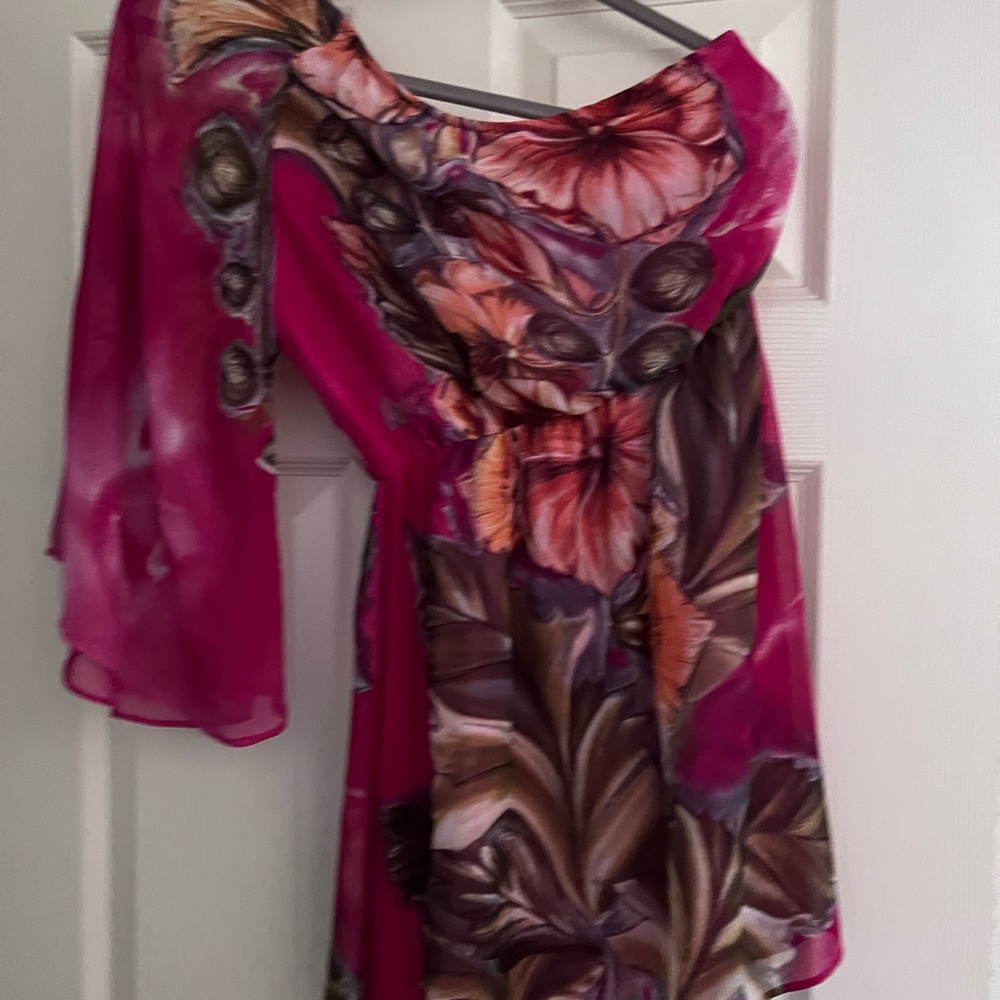 Floral Pink and Brown Off-Shoulder Dress